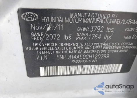 2012 Hyundai Elantra Gls z USA, uszkodzony, nr VIN 5NPDH4AE0CH120299